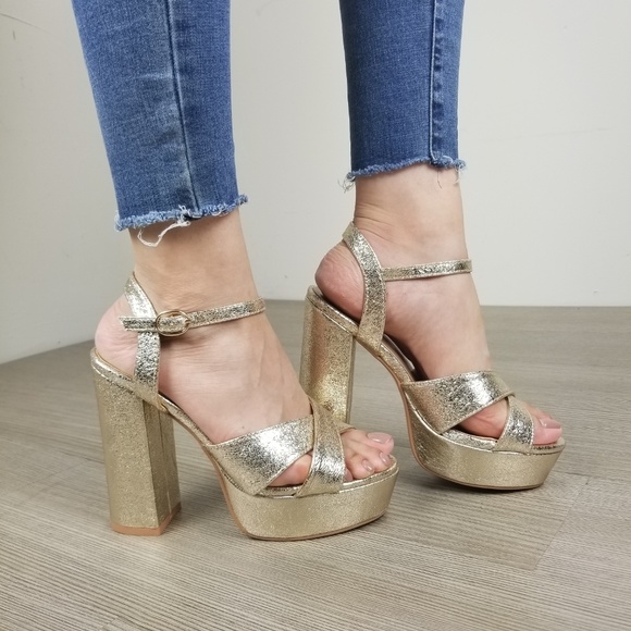 Metallic Gold Open Toe Platform Heels- BB - Picture 2 of 8